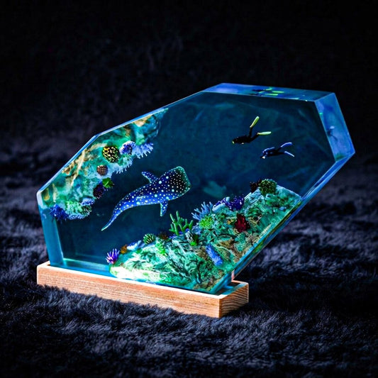 Whale Shark Resin Lamp with Scuba Divers, Ocean Diorama Night Light, Handmade Epoxy Reef Table Lamp