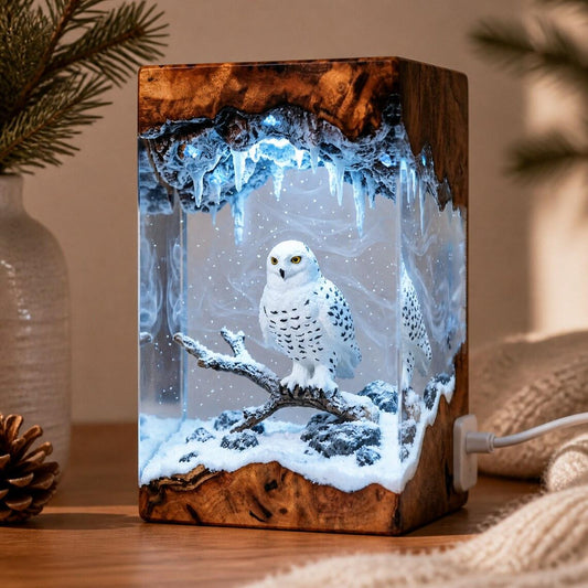 Snowy Owl Resin Night Light, Winter Woodland Scene Plug-in Accent Lamp, Handmade Christmas Resin Animal Decor