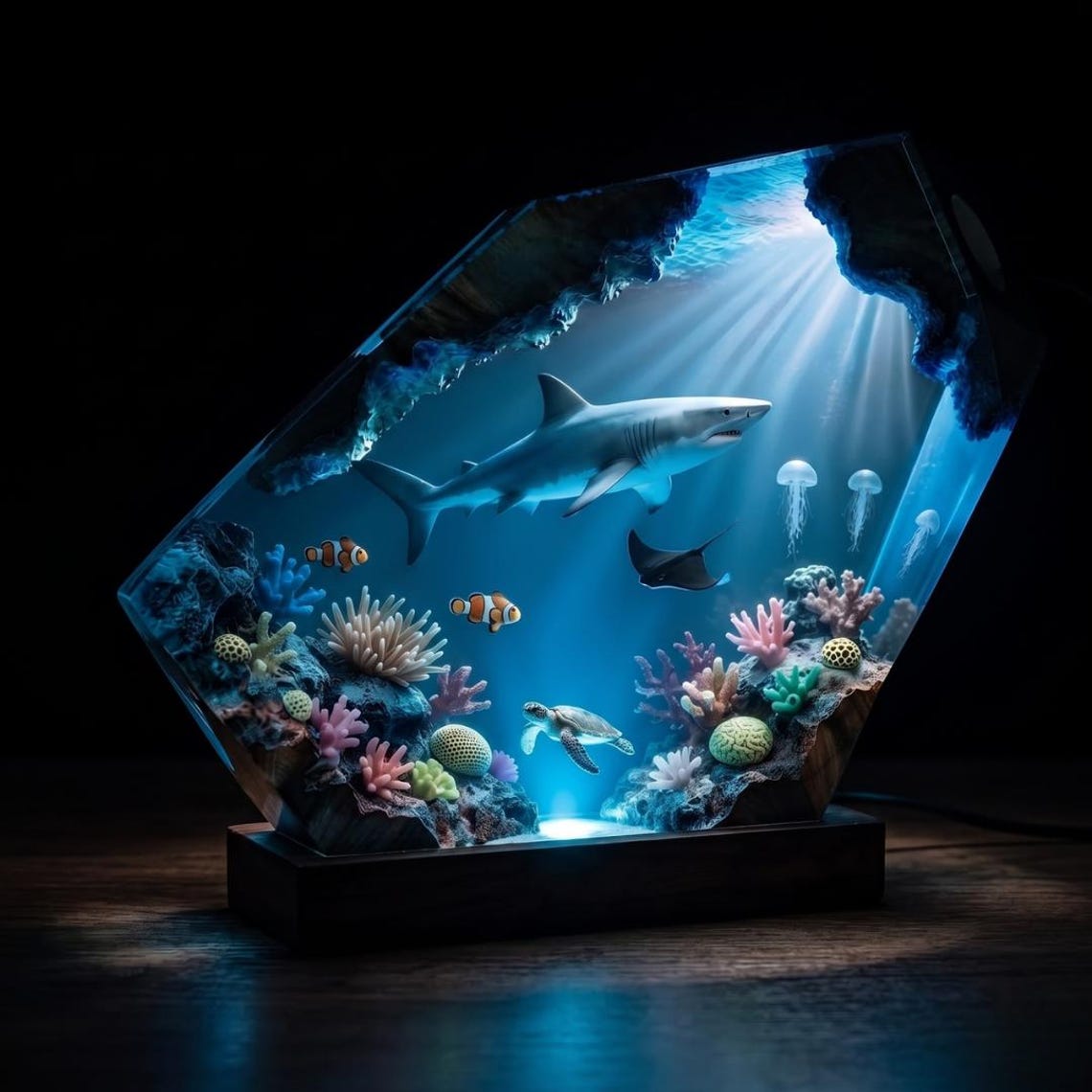 Great White Shark Resin Lamp, Ocean Diorama Epoxy Night Light with Scuba Diver and Manta Ray, Marine Life Desk Decor, Gift for Him
