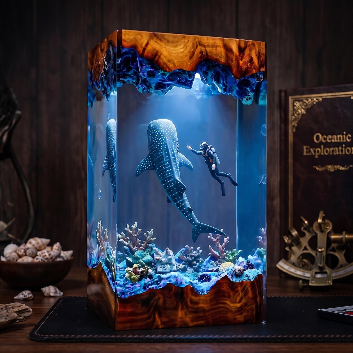 Deep Ocean Resin Lamp, Whale Shark and Scuba Diver Night Light, Handmade Epoxy Marine Decor, Ocean Lover Gift