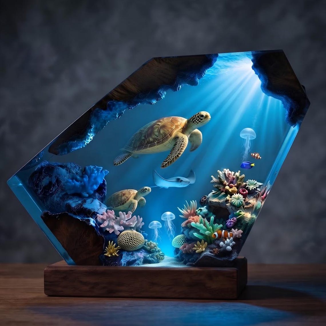 Sea Turtle Resin Lamp, Deep Ocean Diorama Epoxy Night Light with Manta Ray and Jellyfish, Marine Life Wood Desk Decor, Gift for Him