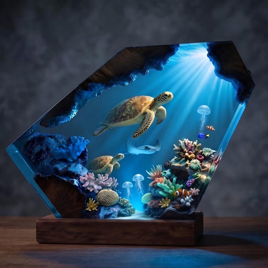 Sea Turtle Resin Lamp, Deep Ocean Diorama Epoxy Night Light with Manta Ray and Jellyfish, Marine Life Wood Desk Decor, Gift for Him