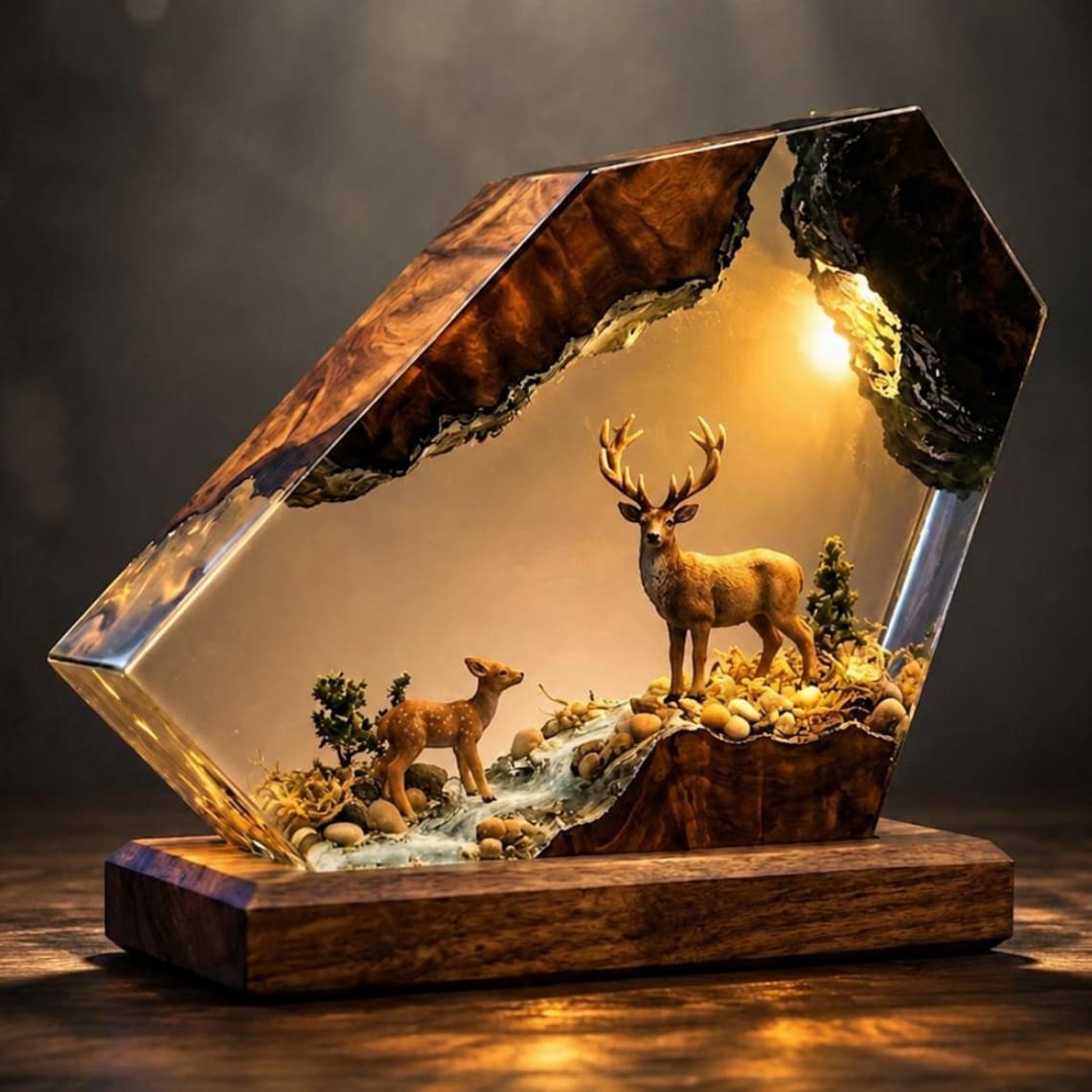 Deer Forest Diorama Epoxy Resin Lamp, Wildlife Wood Night Light, Stag Resin Art, Rustic Cabin Decor Gift for Him