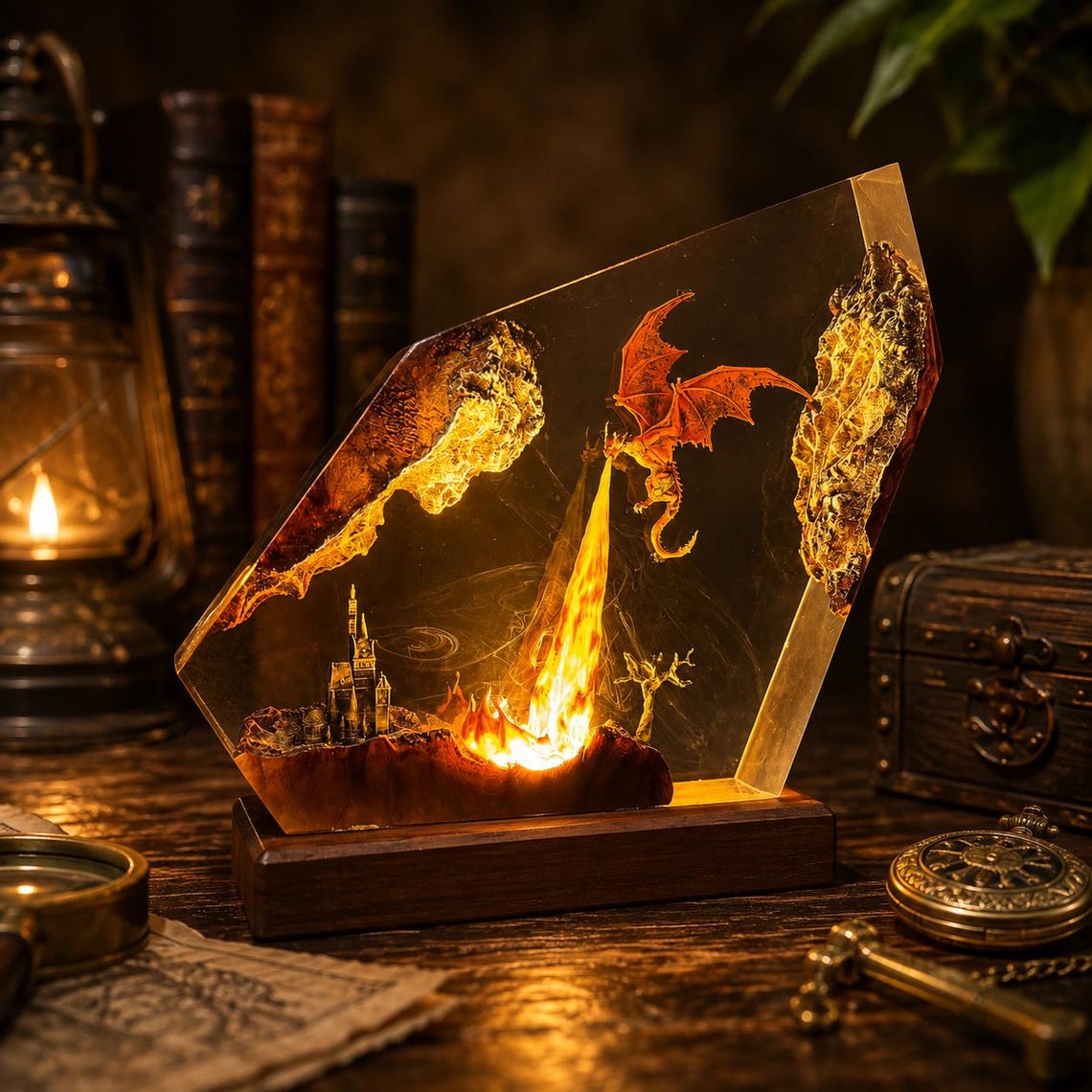 Fire Breathing Dragon Resin Lamp, Dragon Statue Table Lamp, Handmade Epoxy Wood Resin Art Night Light, Gaming Decoration, Halloween Gift