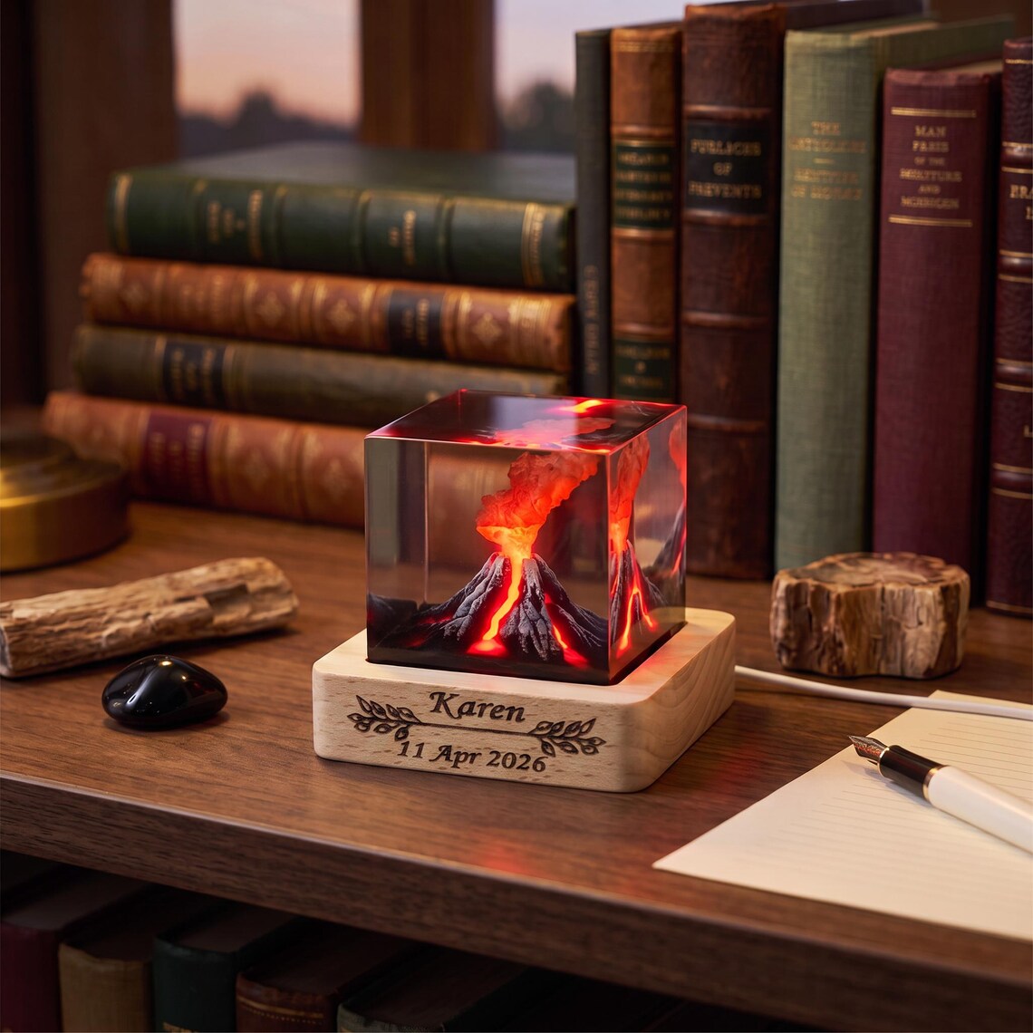 Personalized Volcano Lava Resin Lamp, 3D Erupting Volcano Epoxy Night Light, Mini USB Red Room Decor Gift