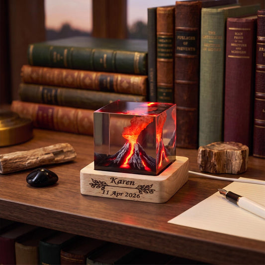 Personalized Volcano Lava Resin Lamp, 3D Erupting Volcano Epoxy Night Light, Mini USB Red Room Decor Gift