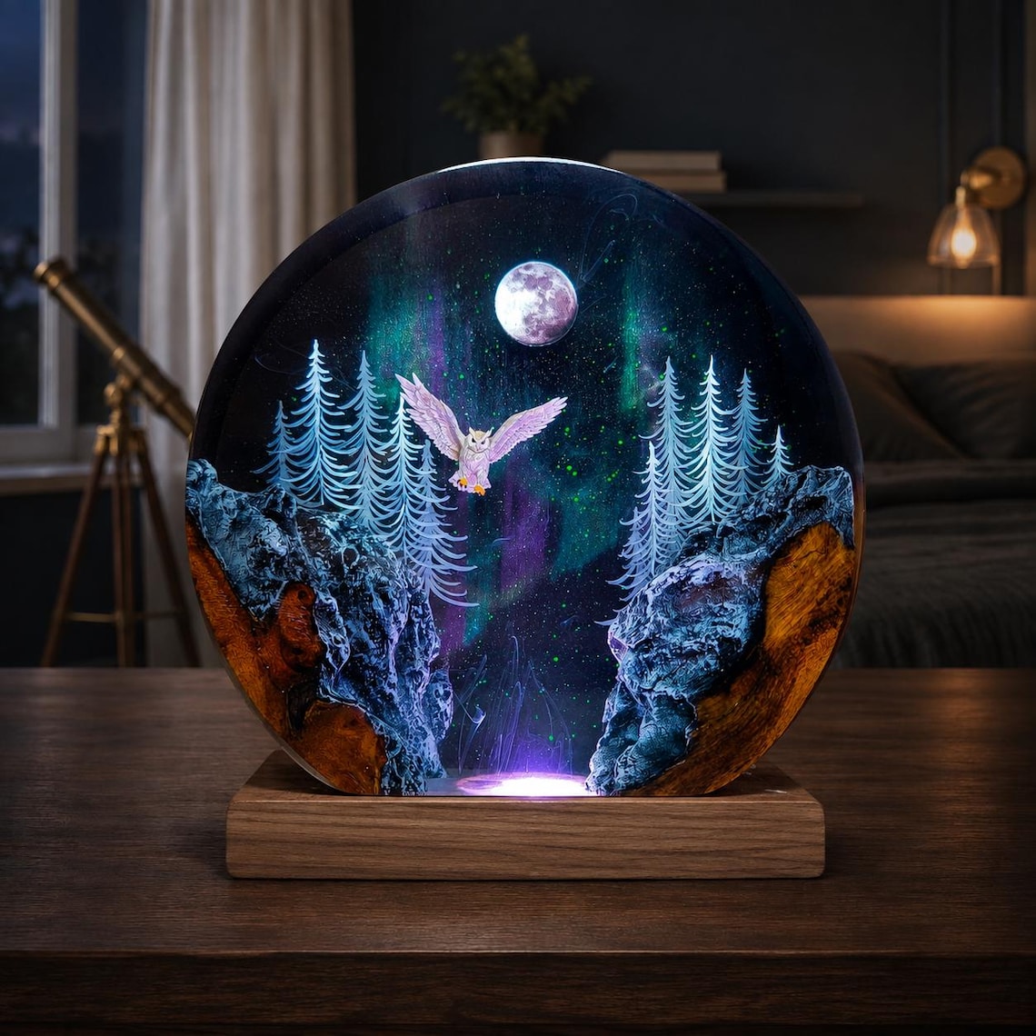 Handcrafted Owl Northern Lights Resin Lamp, Custom Engraved Aurora Borealis Forest Diorama Night Light, Personalized Nature Gift