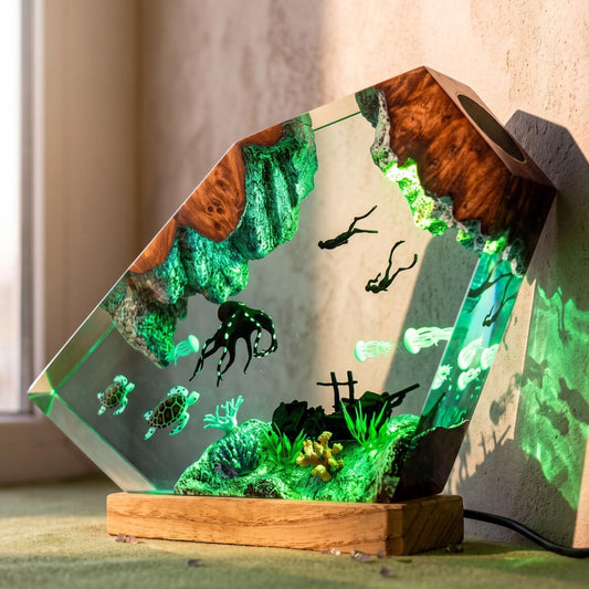 Underwater Octopus Resin Lamp, Sea Turtle and Diver Ocean Scene Night Light, Marine Life Coastal Home Decor