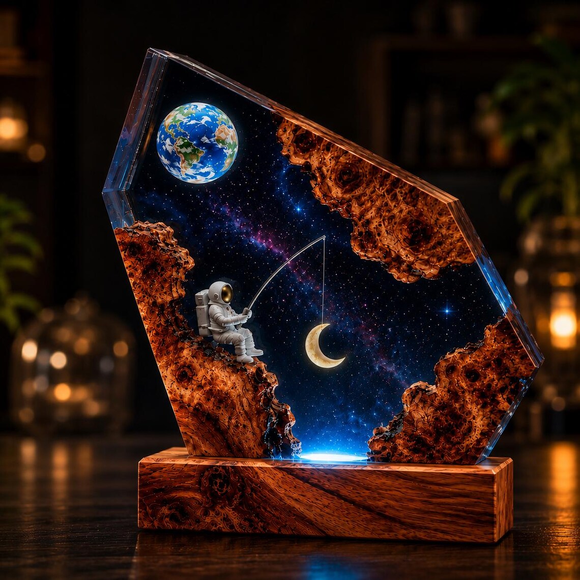 Personalized Space Resin Lamp, Astronaut Night Light, Moon and Galaxy Epoxy Wood Art, Astronomy Lover Gift