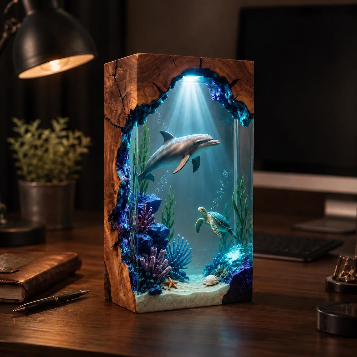 Dolphin Resin Lamp, Ocean LED Night Light, Sea Turtle Underwater Decor, Epoxy Wood Desk Lamp, Coral Reef Marine Life Gift
