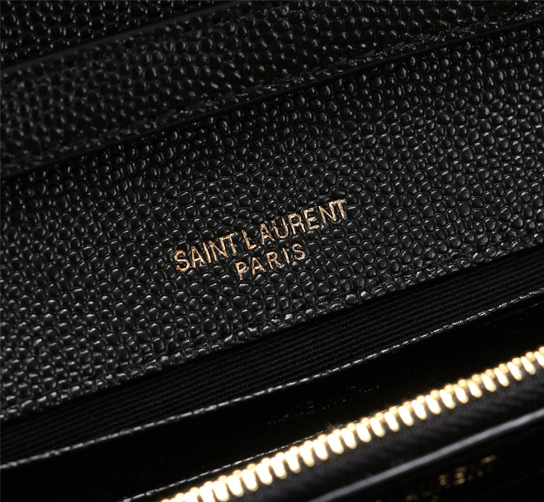 Saint Laurent Cassandre Matelassé Chain Wallet in Black Grain de Poudre Leather