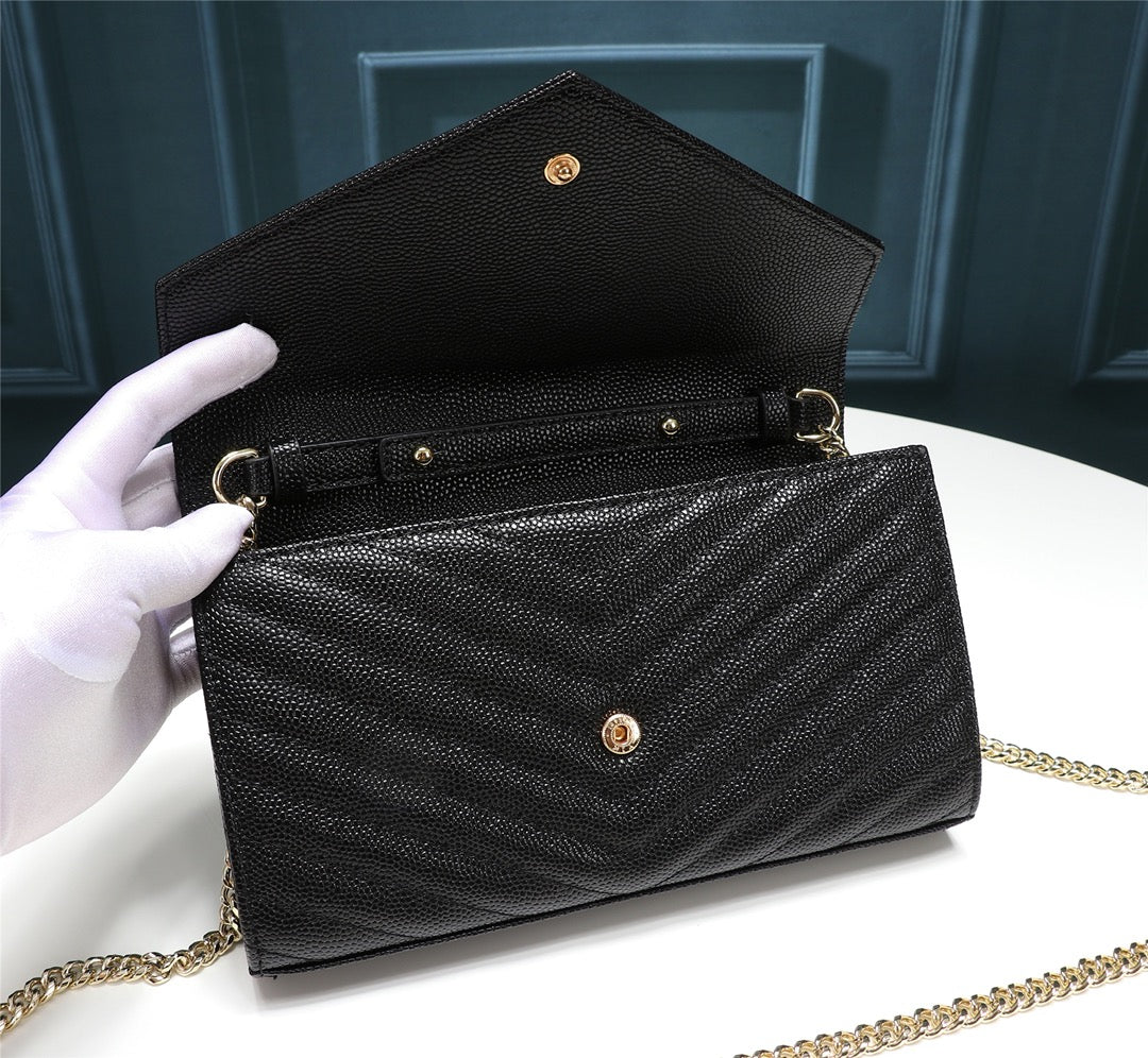 Saint Laurent Cassandre Matelassé Chain Wallet in Black Grain de Poudre Leather