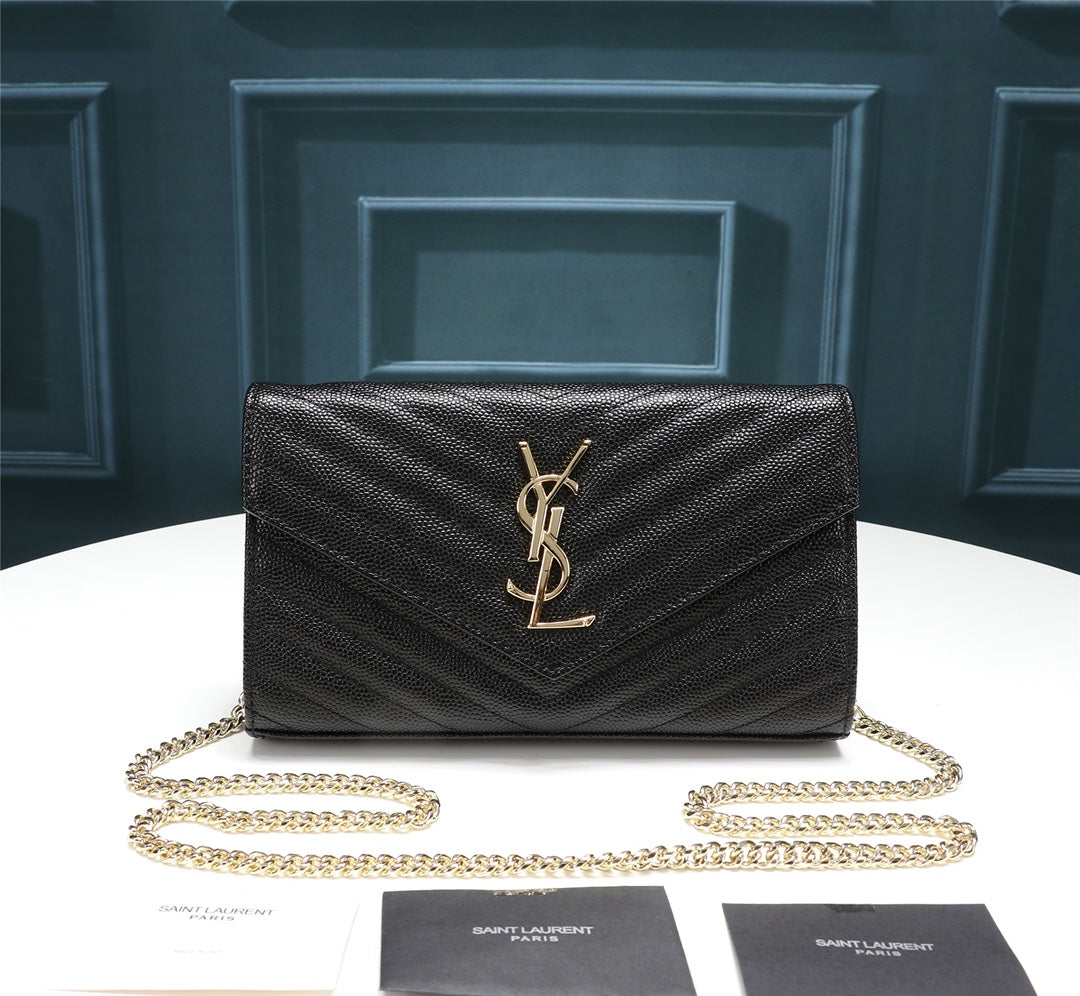Saint Laurent Cassandre Matelassé Chain Wallet in Black Grain de Poudre Leather