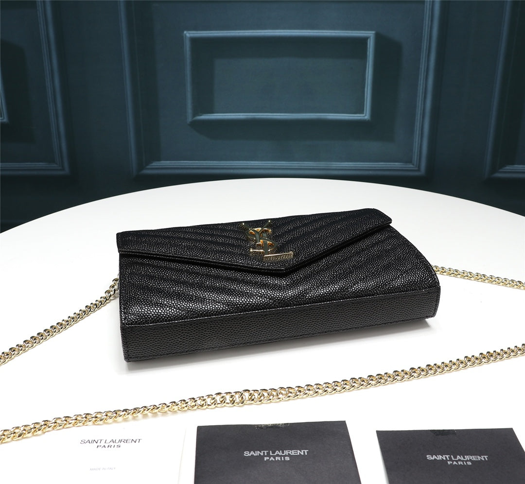 Saint Laurent Cassandre Matelassé Chain Wallet in Black Grain de Poudre Leather