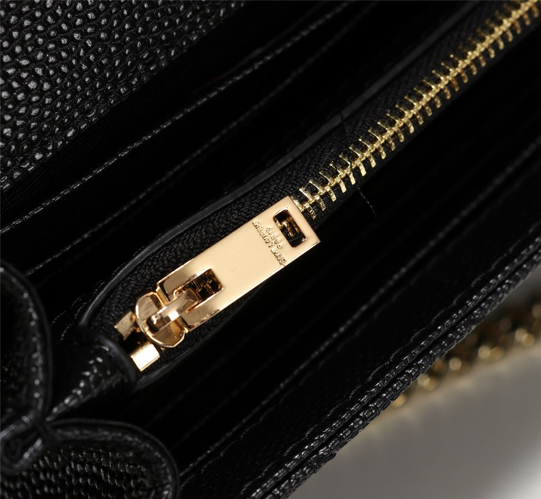 Saint Laurent Cassandre Matelassé Chain Wallet in Black Grain de Poudre Leather