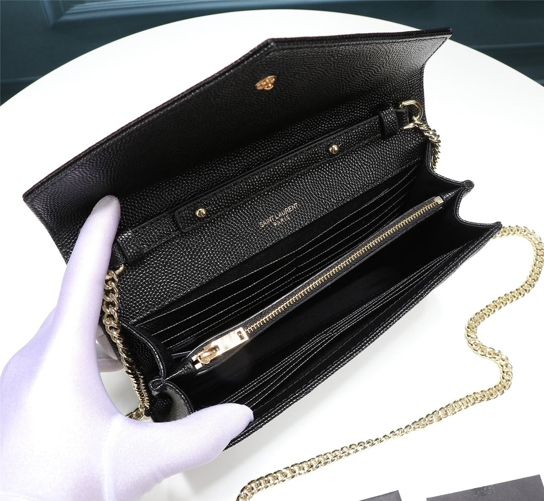 Saint Laurent Cassandre Matelassé Chain Wallet in Black Grain de Poudre Leather