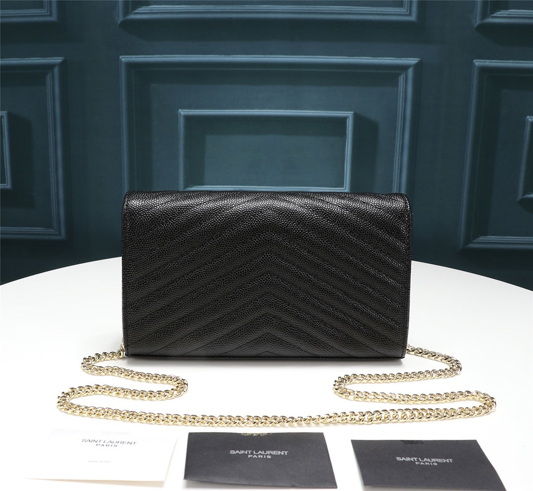 Saint Laurent Cassandre Matelassé Chain Wallet in Black Grain de Poudre Leather