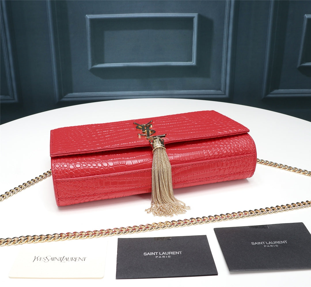 Saint Laurent Kate Tassel Crocodile-Embossed Leather Chain Shoulder Bag - Red