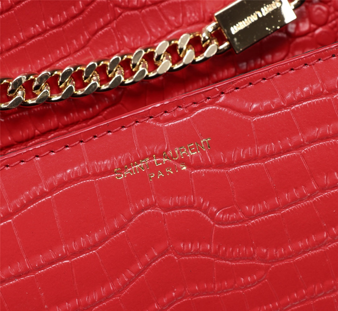Saint Laurent Kate Tassel Crocodile-Embossed Leather Chain Shoulder Bag - Red