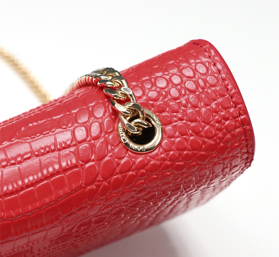 Saint Laurent Kate Tassel Crocodile-Embossed Leather Chain Shoulder Bag - Red