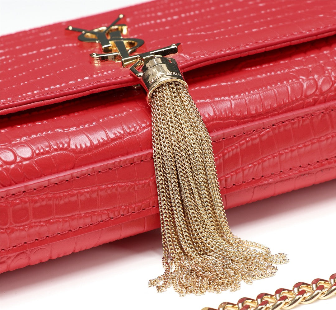 Saint Laurent Kate Tassel Crocodile-Embossed Leather Chain Shoulder Bag - Red