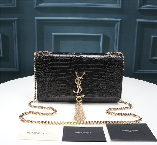 Saint Laurent Kate Medium Crocodile-Embossed Leather Bag with Tassel - Black