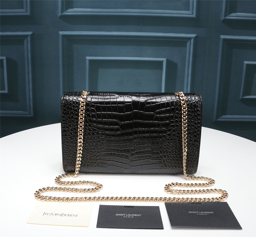 Saint Laurent Kate Medium Crocodile-Embossed Leather Bag with Tassel - Black