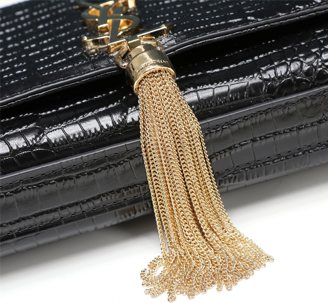 Saint Laurent Kate Medium Crocodile-Embossed Leather Bag with Tassel - Black