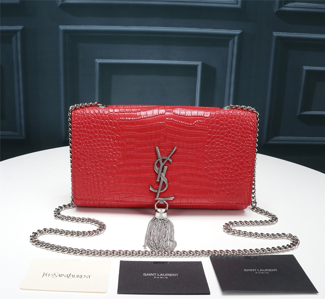 Saint Laurent Kate Small Tassel Bag in Red Crocodile-Embossed Leather