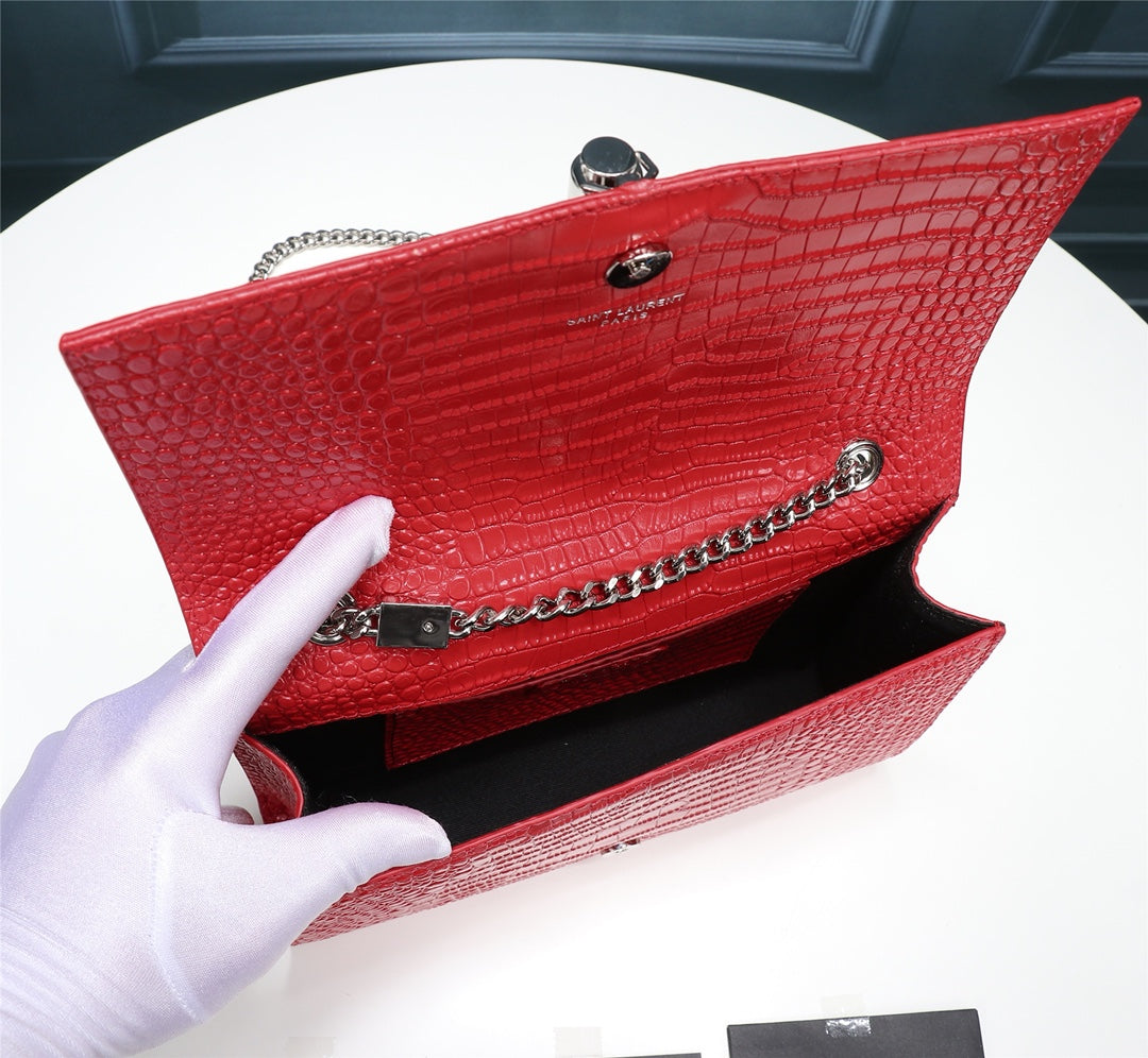 Saint Laurent Kate Small Tassel Bag in Red Crocodile-Embossed Leather