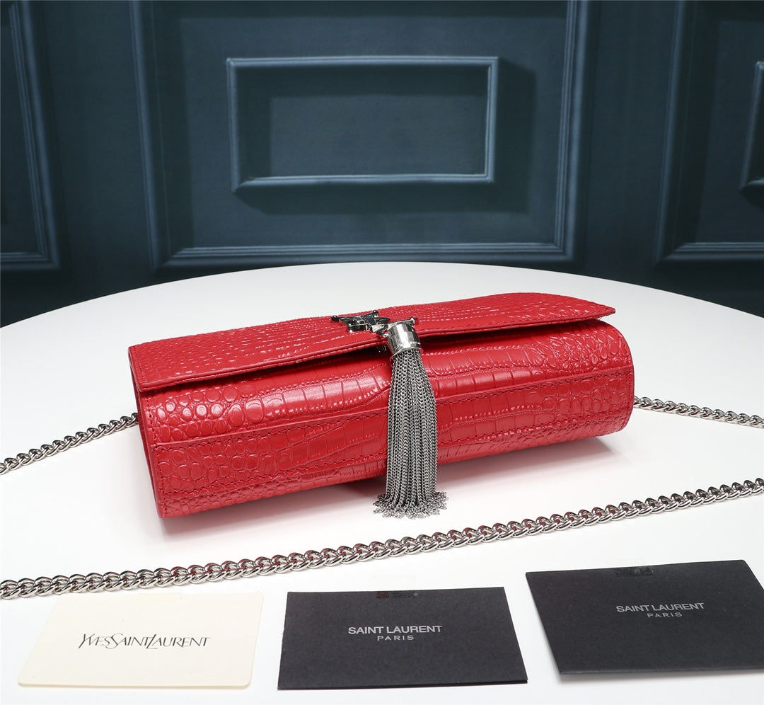 Saint Laurent Kate Small Tassel Bag in Red Crocodile-Embossed Leather