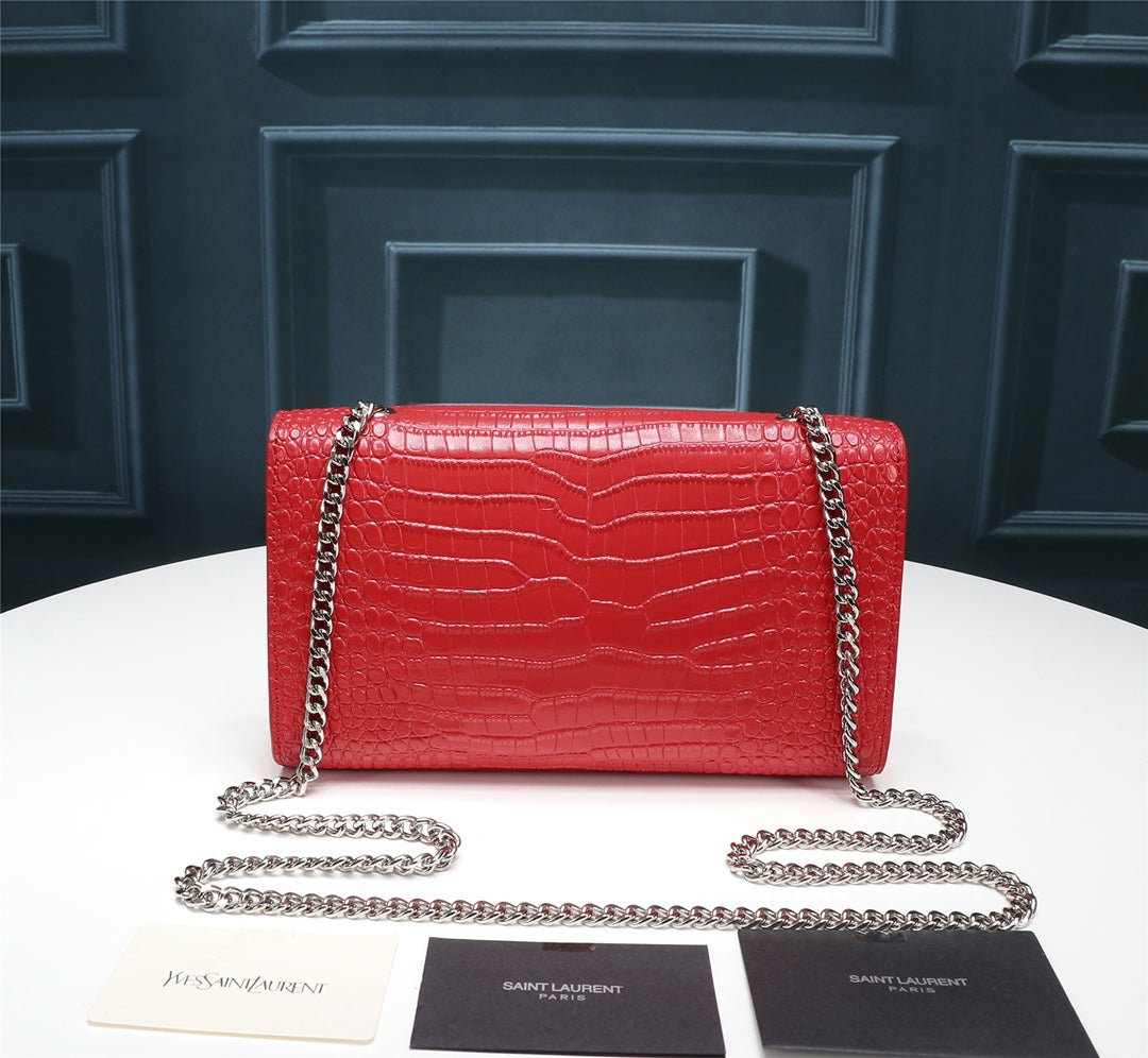 Saint Laurent Kate Small Tassel Bag in Red Crocodile-Embossed Leather