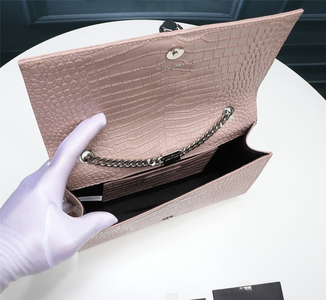 Saint Laurent YSL Kate Medium Tassel Shoulder Bag in Pink Crocodile-Embossed Leather