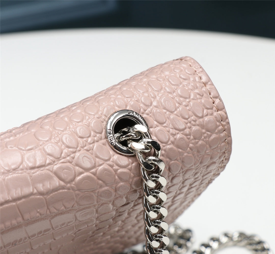 Saint Laurent YSL Kate Medium Tassel Shoulder Bag in Pink Crocodile-Embossed Leather