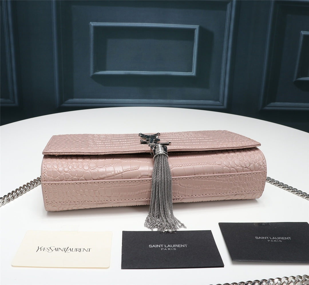 Saint Laurent YSL Kate Medium Tassel Shoulder Bag in Pink Crocodile-Embossed Leather