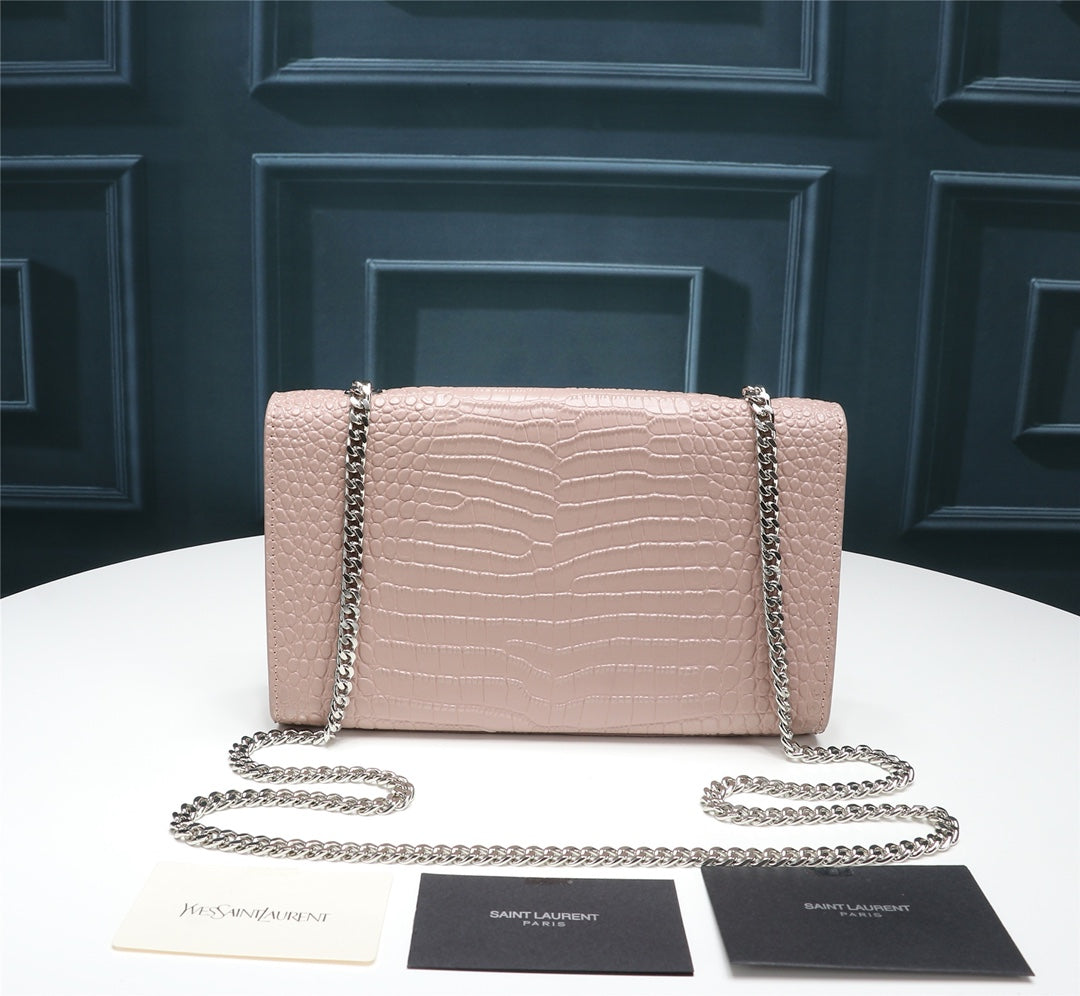 Saint Laurent YSL Kate Medium Tassel Shoulder Bag in Pink Crocodile-Embossed Leather