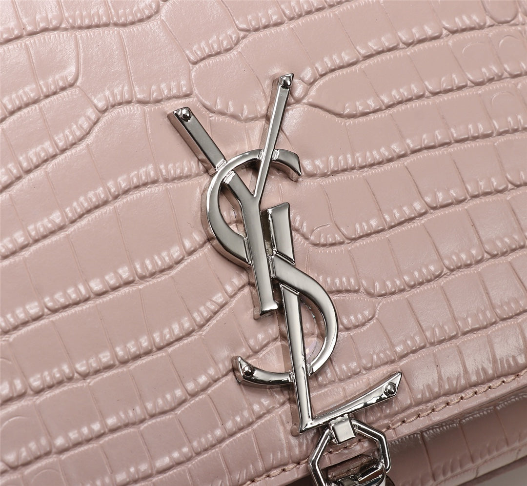 Saint Laurent YSL Kate Medium Tassel Shoulder Bag in Pink Crocodile-Embossed Leather