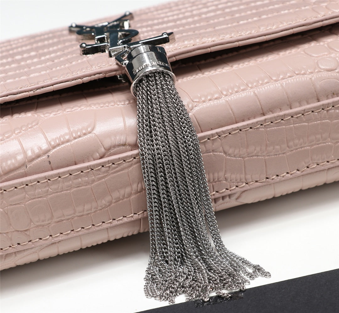Saint Laurent YSL Kate Medium Tassel Shoulder Bag in Pink Crocodile-Embossed Leather