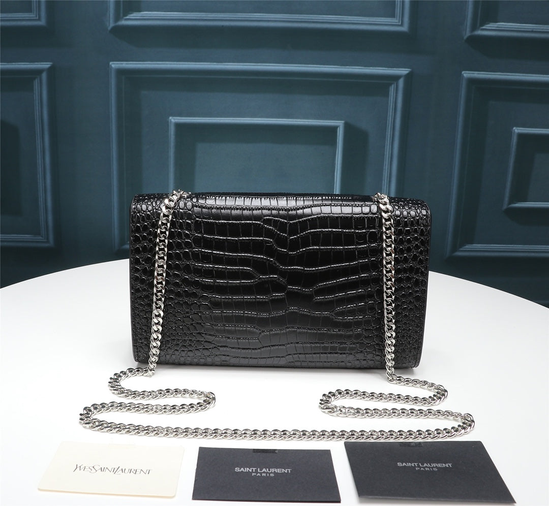 Saint Laurent Kate Small Tassel Bag in Crocodile-Embossed Leather - Black/Silver