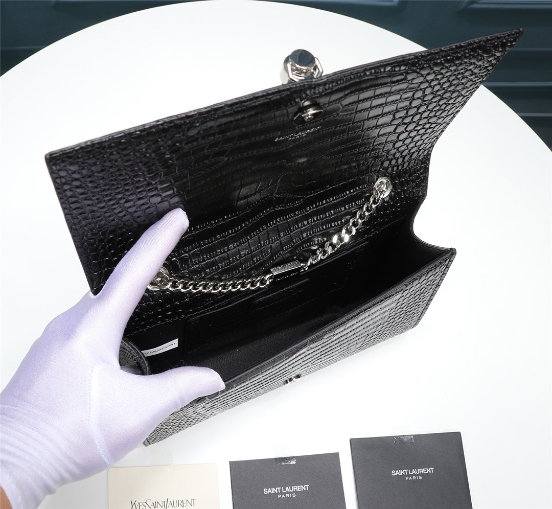 Saint Laurent Kate Small Tassel Bag in Crocodile-Embossed Leather - Black/Silver