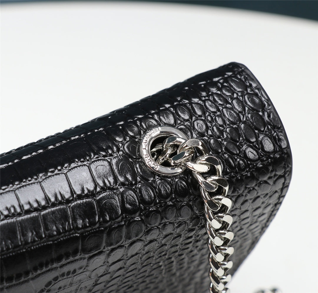 Saint Laurent Kate Small Tassel Bag in Crocodile-Embossed Leather - Black/Silver