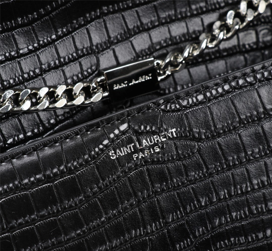 Saint Laurent Kate Small Tassel Bag in Crocodile-Embossed Leather - Black/Silver