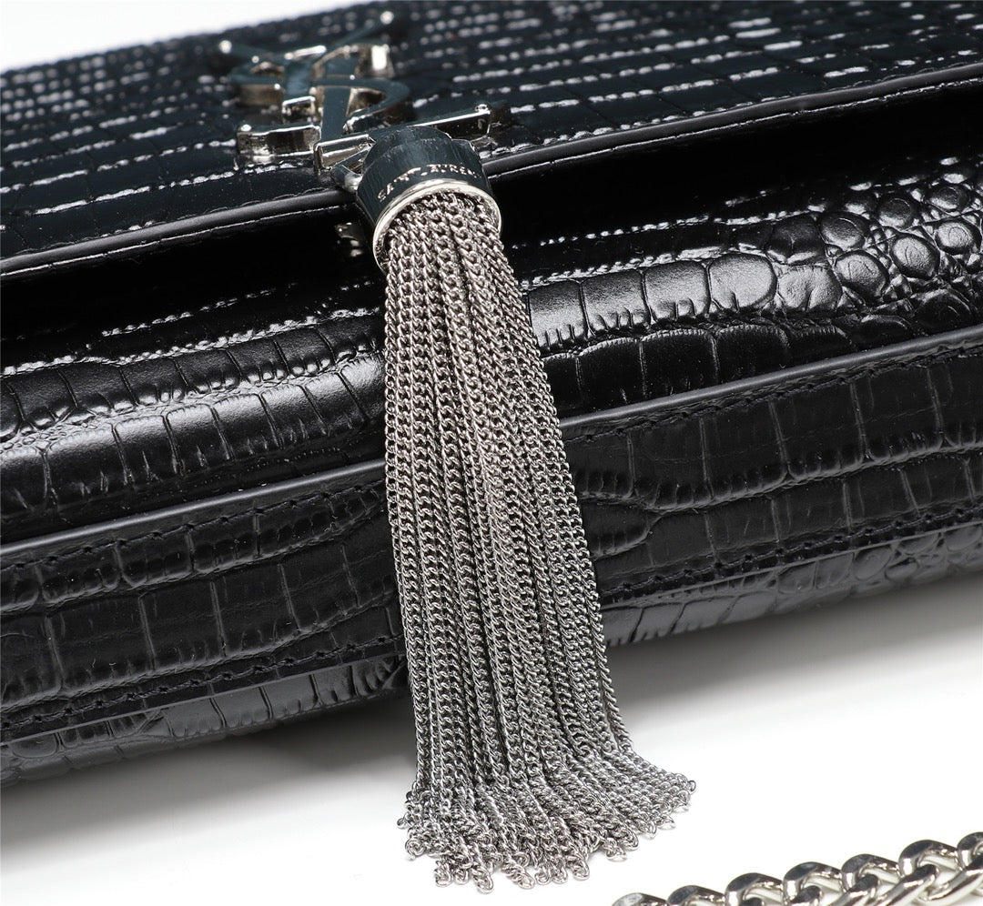 Saint Laurent Kate Small Tassel Bag in Crocodile-Embossed Leather - Black/Silver