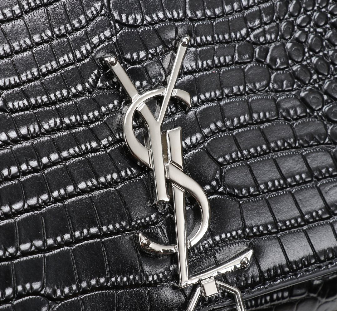 Saint Laurent Kate Small Tassel Bag in Crocodile-Embossed Leather - Black/Silver