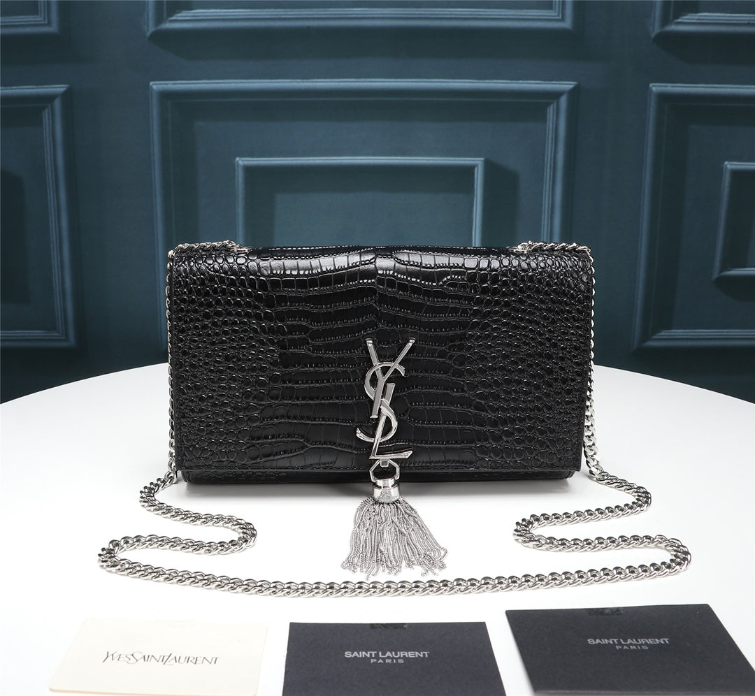 Saint Laurent Kate Small Tassel Bag in Crocodile-Embossed Leather - Black/Silver