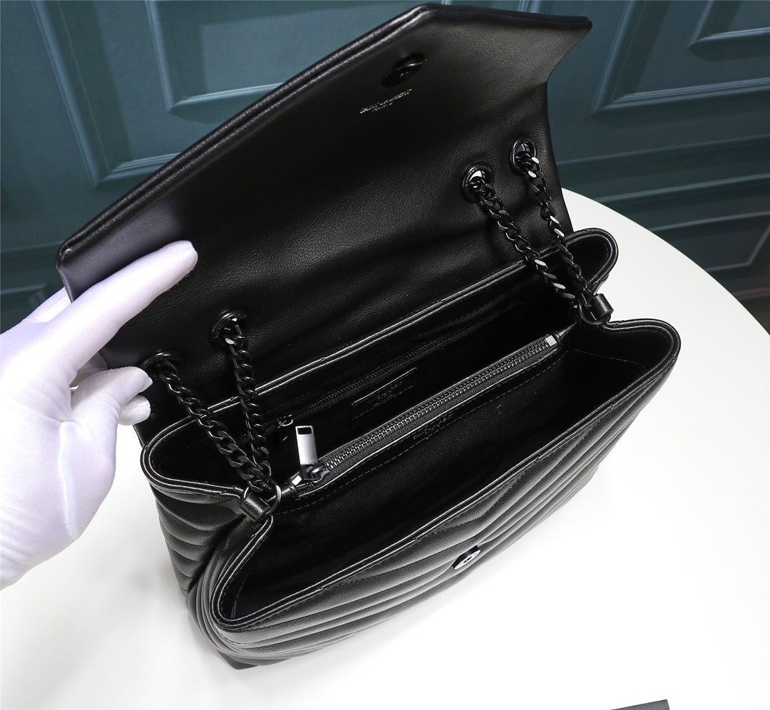 Saint Laurent Loulou Medium Chain Bag in Black Quilted Leather with Black Hardware
