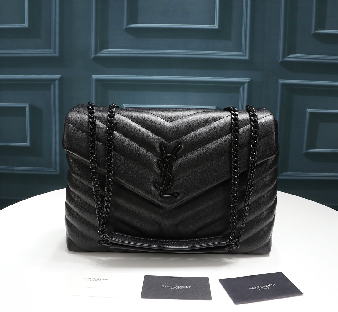 Saint Laurent Loulou Medium Chain Bag in Black Quilted Leather with Black Hardware