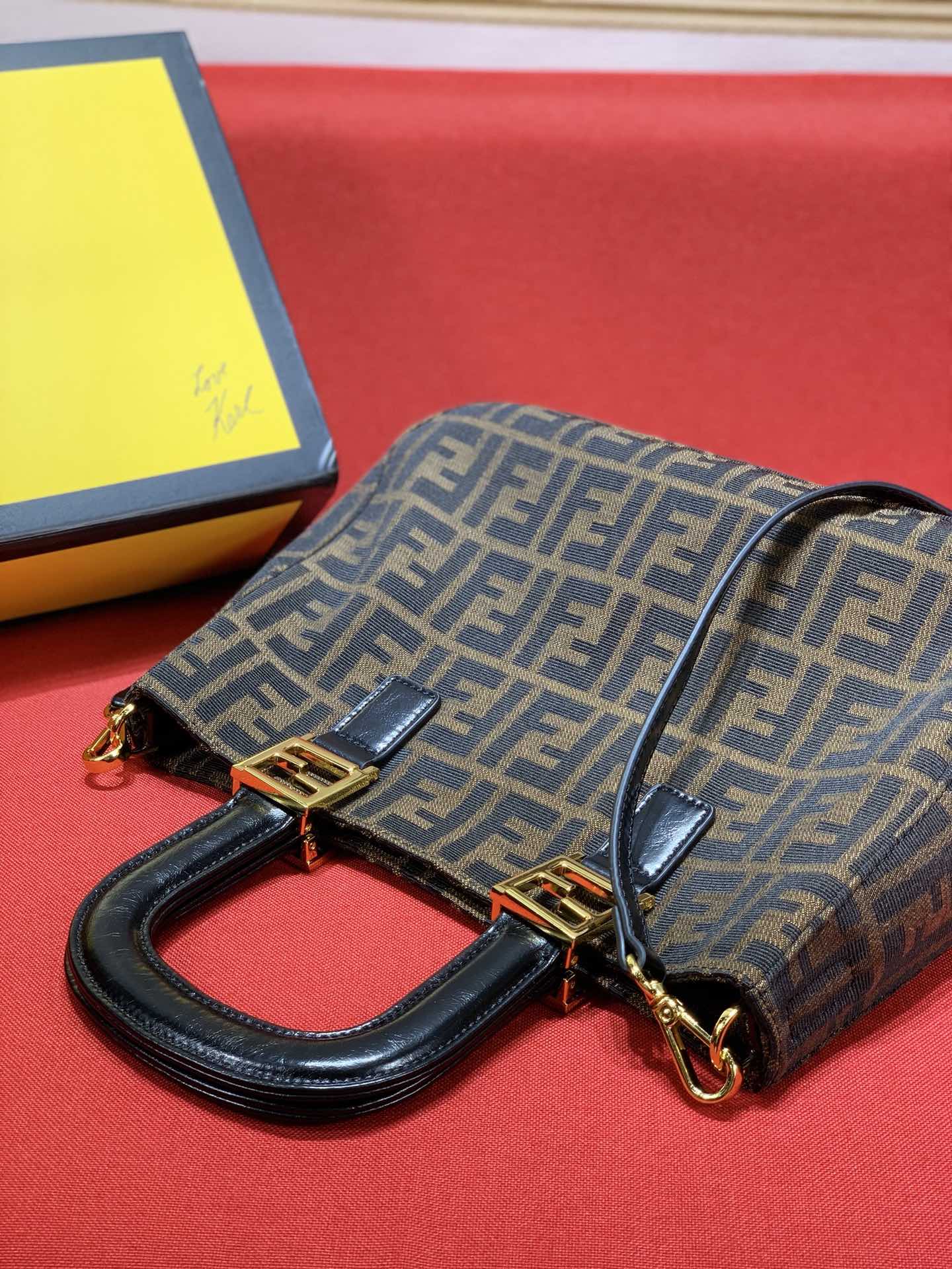 Fendi Sunshine Shopper Mini Canvas Tote Bag with FF Motif Brown/Gold