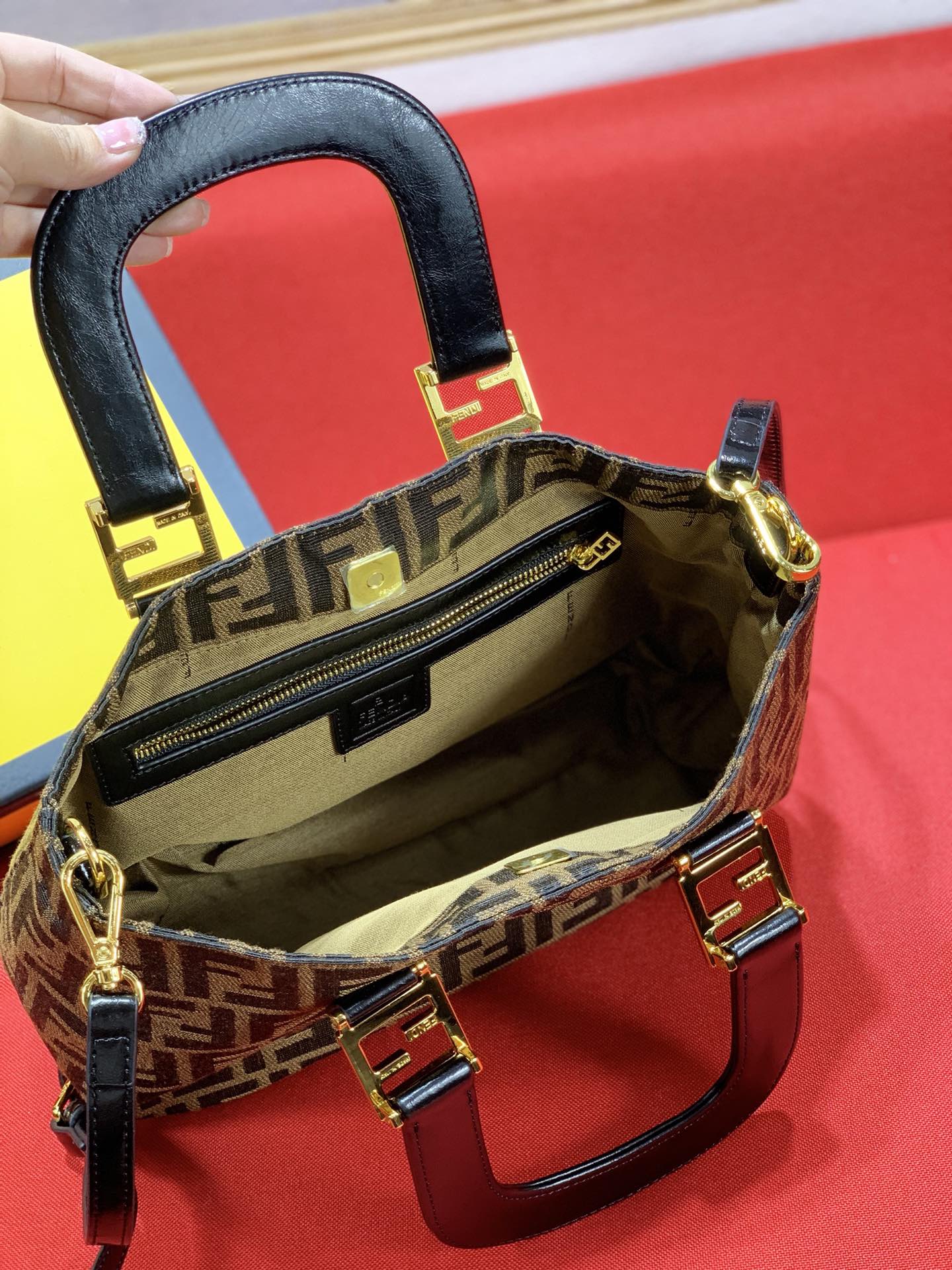 Fendi Sunshine Shopper Mini Canvas Tote Bag with FF Motif Brown/Gold