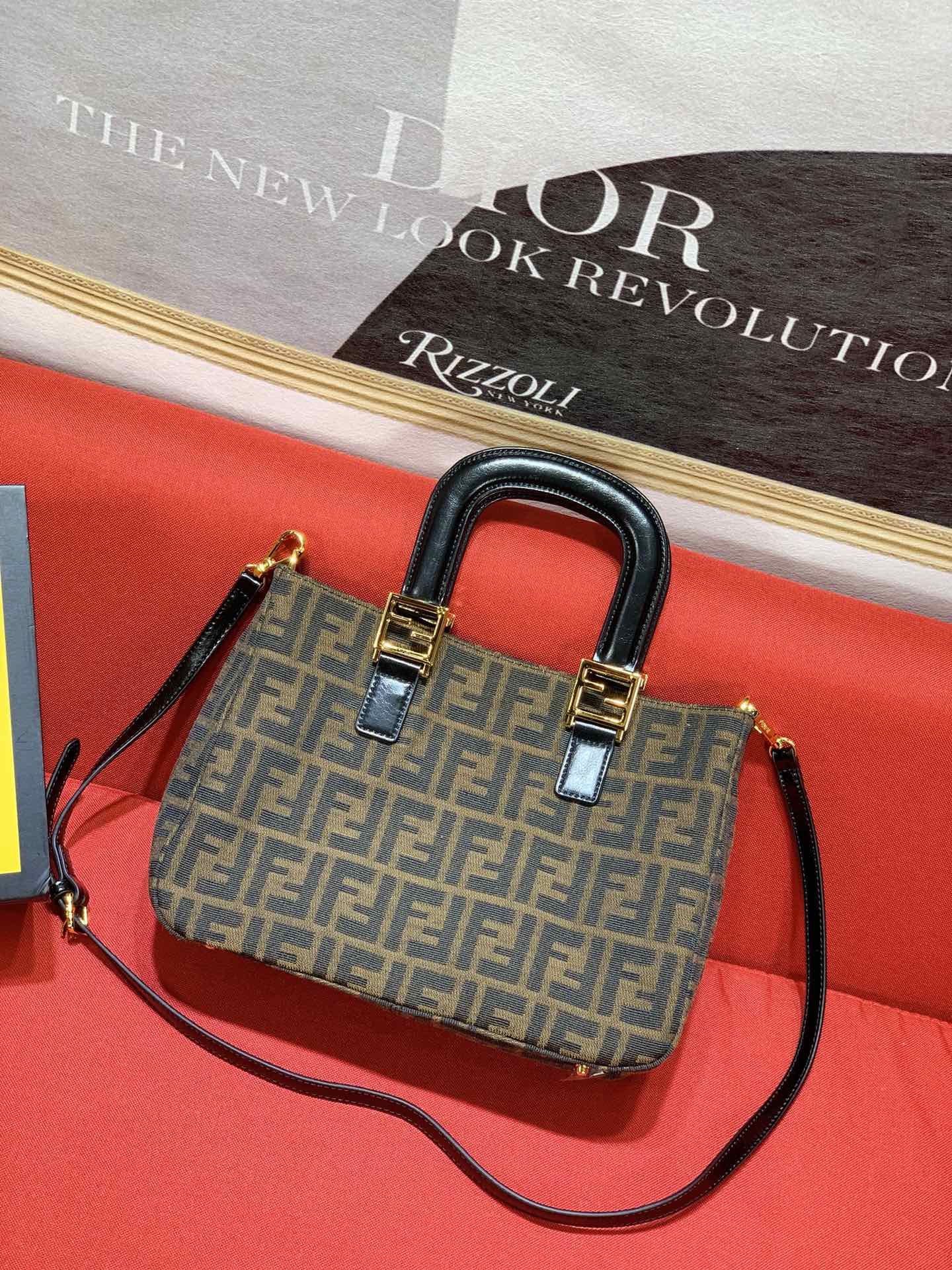 Fendi Sunshine Shopper Mini Canvas Tote Bag with FF Motif Brown/Gold